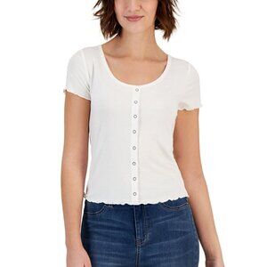 Hippie Rose Juniors' Size Medium White Lettuce-Edge Printed Scoop-Neck Top NWT